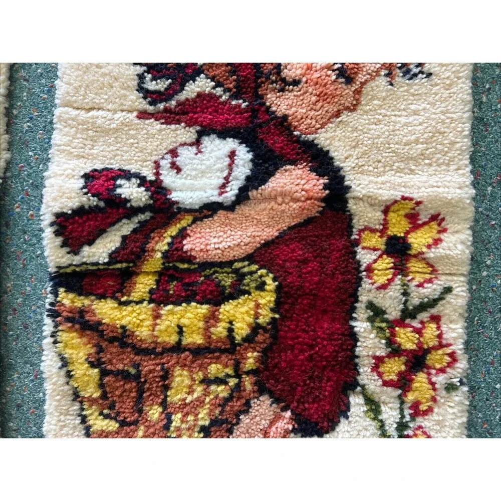 Vintage Hummel Girl Wall Hanging Little Red Riding Hood 1970s Completed Hook Rug